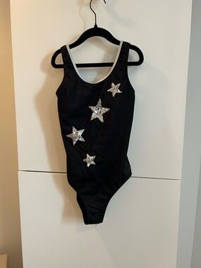 Black One-Piece Dance Leotard with Silver Sequin Stars